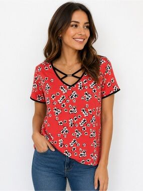 Adrienne Vittadini coral  Floral Strappy V-Neck Short Sleeve Top Medium